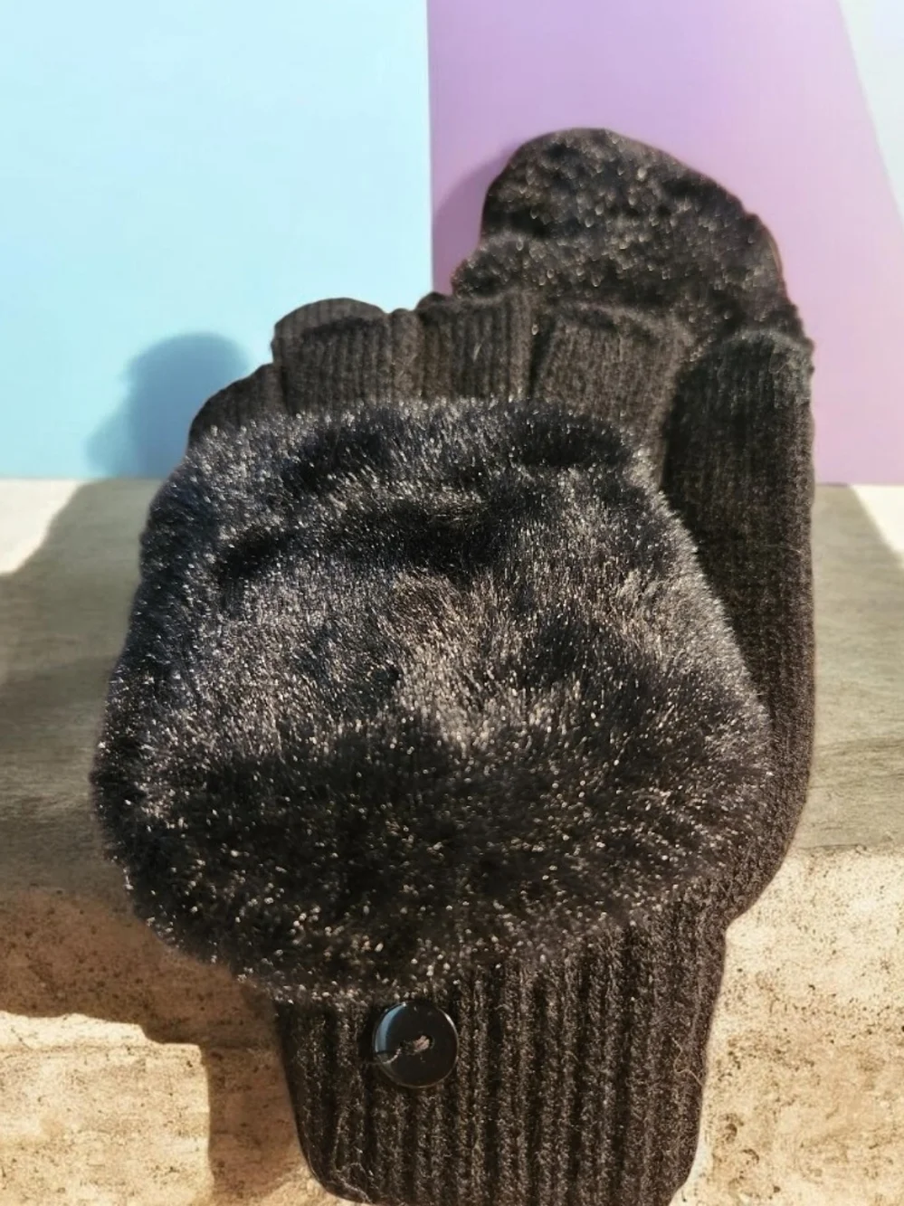 Black Faux Fur Open Finger Gloves & Knit Headband Style Fur Ear Muff Set■firm